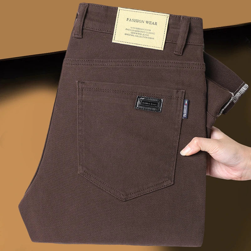 Wine Red Jeans Men Fashion Casual Classic Style Business Straight Slim Fit Trousers Male Advanced Pants 6 Colors Plus Size 28-44