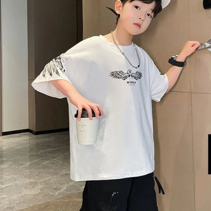 2026 Summer Kids Wing T-Shirt Cotton Loose Stylish Boy's Shirt Big Kids Summerwear