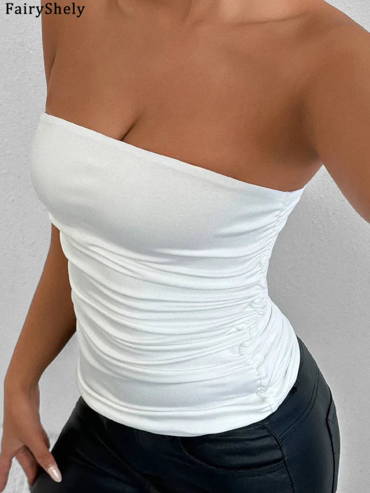 2026 Sexy Summer Solid Strapless Top Women Bandeau Bodycon Tops Lady Sleeveless Off Shoulder Club Party Clothes