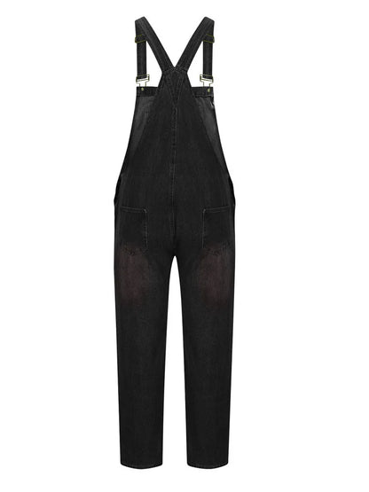 Overalls Jeans Men Ankle Length Jumpsuits Straight Pants Spliced One Piece Pockets Loose Vintage Wash Denim Casual Solid