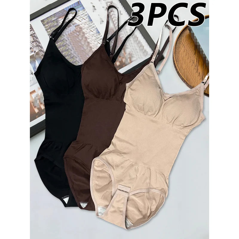 Set of 3 Solid Color Body Shaping Bodysuits Designed to Lift Arms,They Come with Matching Panties Suitable for All Seasons