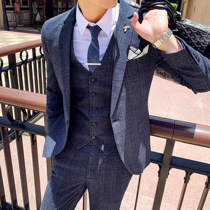Men's Suit 3 Piece, Business Casual Jacket Vest with Trousers, Gray Dark Brown Slim Fit Suit, Asian Size M-5XL