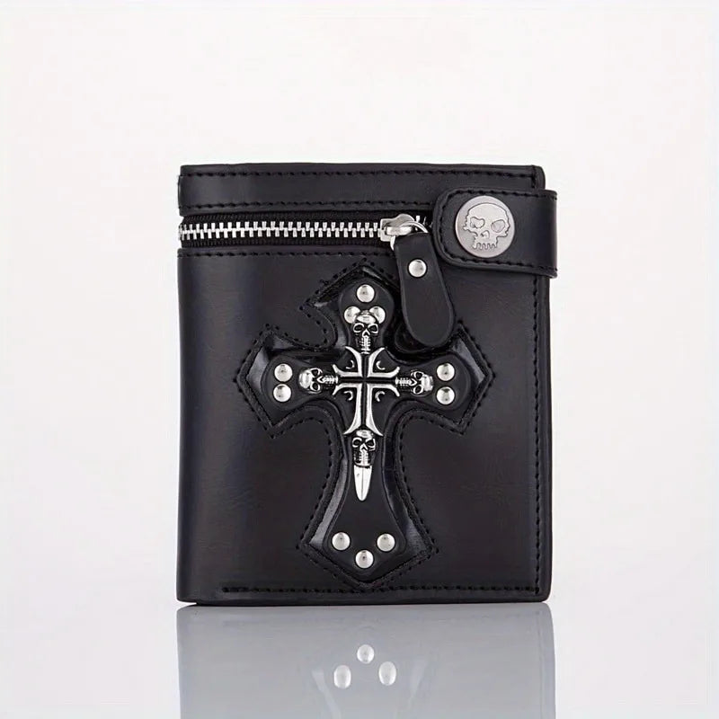 Sac à Main Rétro Punk Homme Nouveau 2025 Crâne Croix Portefeuille Pochette Chaîne Rivets Porte-cartes Vintage Rocker Multi-fonctions Mini Portefeuille