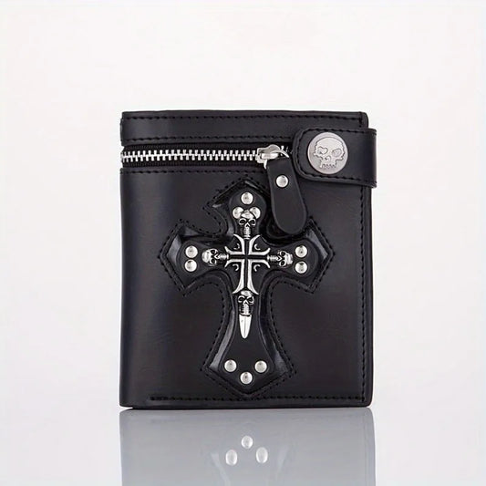 Sac à Main Rétro Punk Homme Nouveau 2025 Crâne Croix Portefeuille Pochette Chaîne Rivets Porte-cartes Vintage Rocker Multi-fonctions Mini Portefeuille