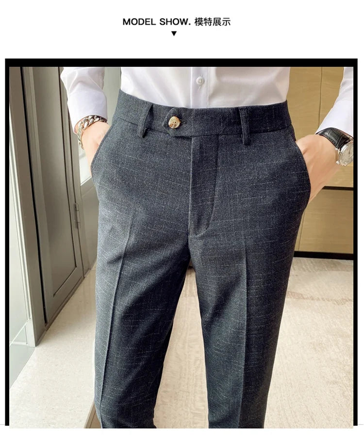 Boutique Classic Plaid and Striped Fashion Men's Casual Business Slim Suit Pants Groom Wedding Dress Trousers Party