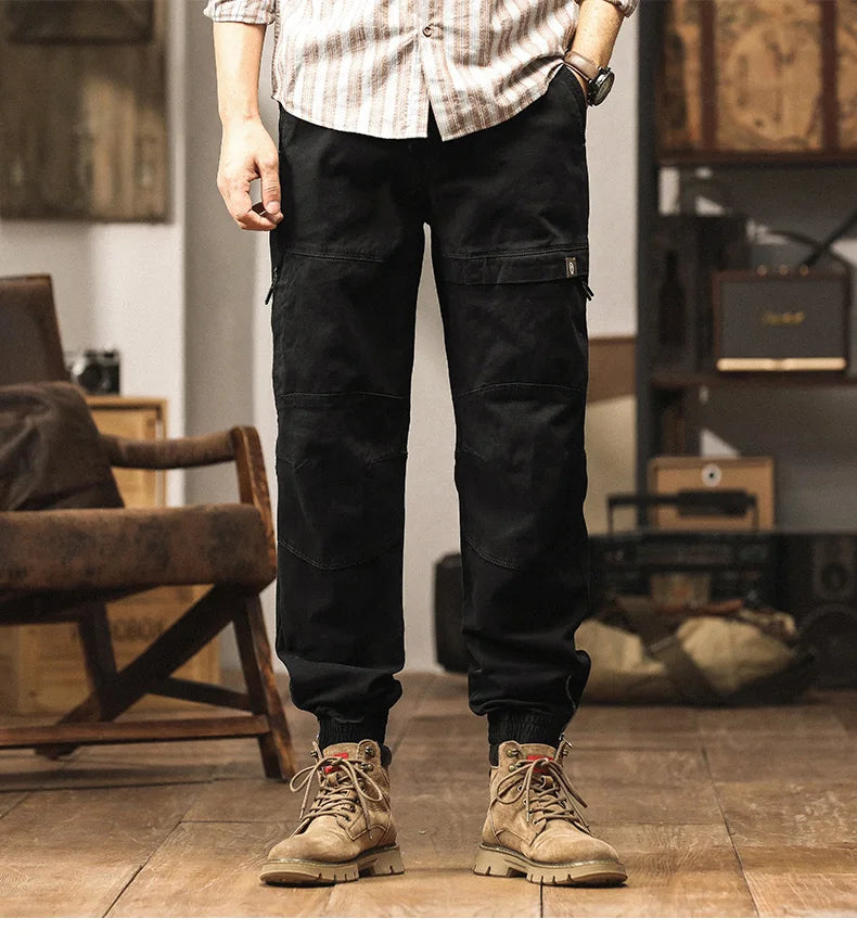 Cotton Men's Cargo Pants Elastic Waist Stretch Trouser Male Multi Pocket Casual Jogger Fit Ankle Length Zipper Purple Drawstring