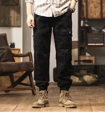 Cotton Men's Cargo Pants Elastic Waist Stretch Trouser Male Multi Pocket Casual Jogger Fit Ankle Length Zipper Purple Drawstring