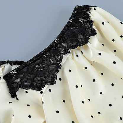 Vintage Polka Dot Square Collar Shirts Elegant Lace Puff Sleeve Woman Blouse 2026 Fashion Sexy Pullover Ladies Tops Spring