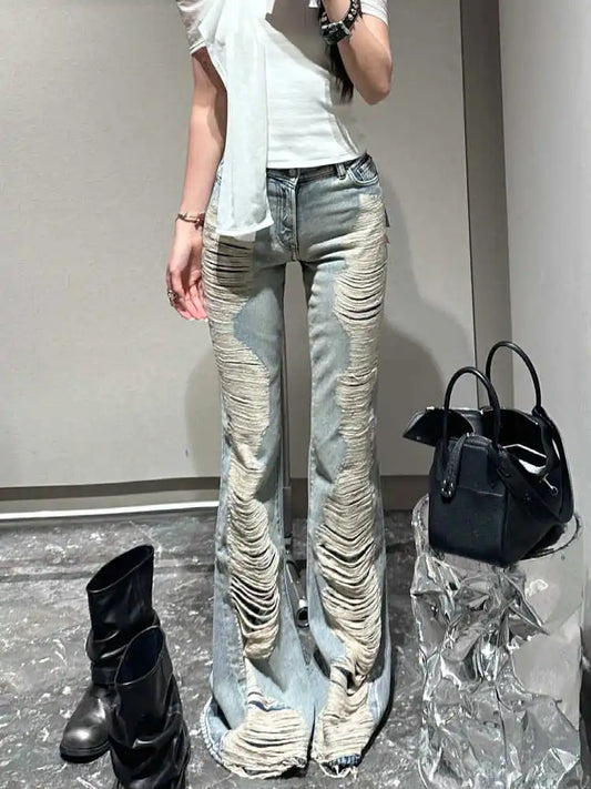 Summer Women Goblin Core Abi Grunge Cyber Punk Flare Jean Y2k Japanese Harajuku Low Rise Ripped Denim Pants 2000s Bell-Bottom