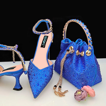New Gold Glitter Fabric Pointed Toe High Heels With A Variety Of Shapes Of Rhinestones Fashion Party Ladies Shoes And Bag