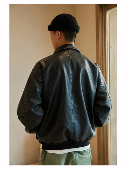 Spring Cool Handsome Oversized Vintage Distressed Black Pu Leather Jacket Men Pockets Luxury Designer Clothes 2024