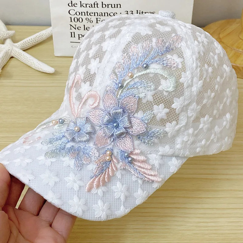 Summer Baseball Cap for Women Embroidered Flowers Mesh Breathable Duck Tongue Hat Sunscreen Sunshade Hat Rebound Cap