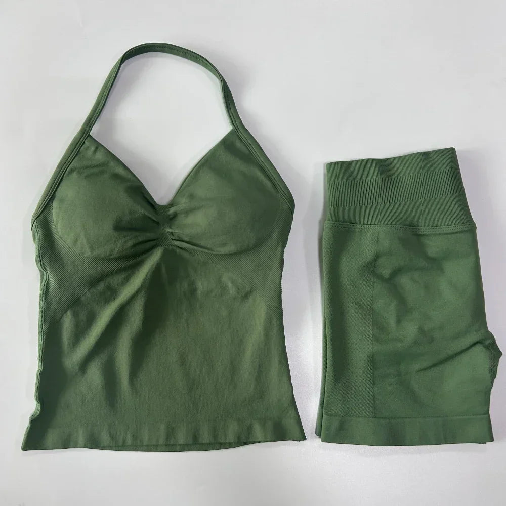 No Logo 2 Pieces Sports Set Workout Clothes Shorts Sets Gym Strappy Top Scrunch Shorts Yoga Clothing Gym Set