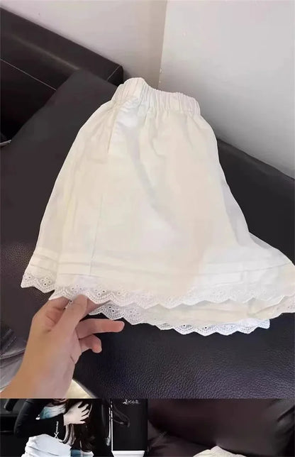 White Lace Trim Patchwork Casual Shorts for Women's High Waisted Wide Leg Vacation Beach Pants Loose Thin Bottoms Home Shorts