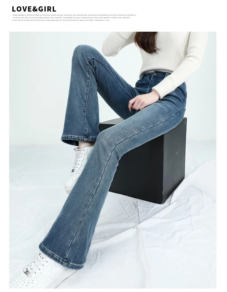 2024 Winter Fleece Women's Flare Pants Retro Slim High Waist Elastic Cotton Thick Warm Denim Pants Fashion Korean Female Clothes
