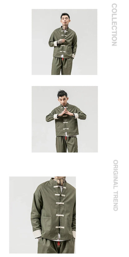 Kung Fu Coat Man Chinese Traditional Retro Autmn Long Sleeve Tang Suit Mandarin Collar Buckle Jacket Men Oriental Cotton Shirt