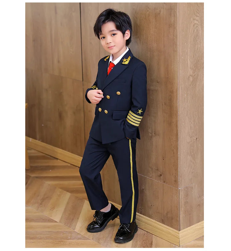 Flower Boys Pilot 3Pieces/Set Jacket Pants Tie Uniform Suit Kids Tuxedo Wedding Dress Children Birhtday Photograph Stage Costume