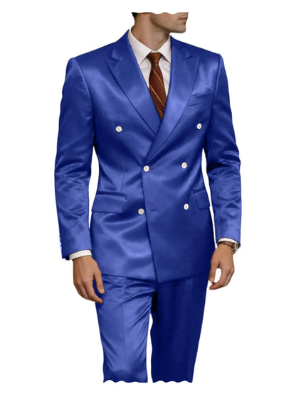 Luxury Men's Shiny Satin 2 Piece Suit Peak Lapel Double Breasted Jacket Pants Elegant Slim Fit Formal Tuxedo for Wedding Party