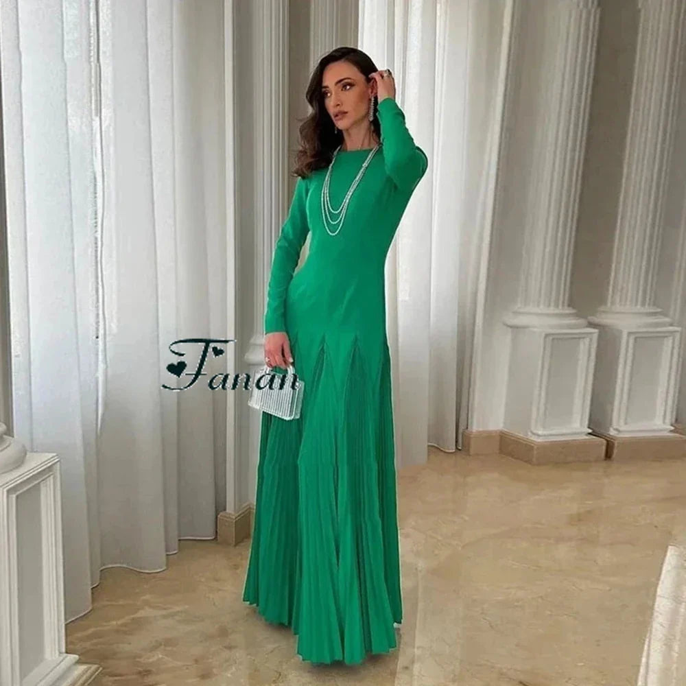 Customized Jiayigong Fashion Simple Green Jersey Evening Dresses O-neck Sexy Backless Full Sleeves A-line Floor Length Pageant P