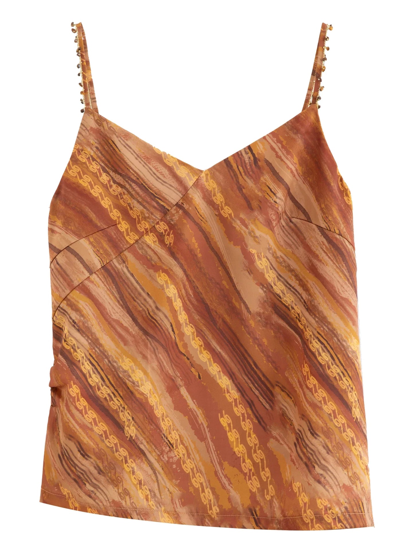 2026 Summer Women's Vacation Ready Satin V-Neck Camisole Stone Bead Accent - Elegant Retro Fitted Top for Beach Holidays