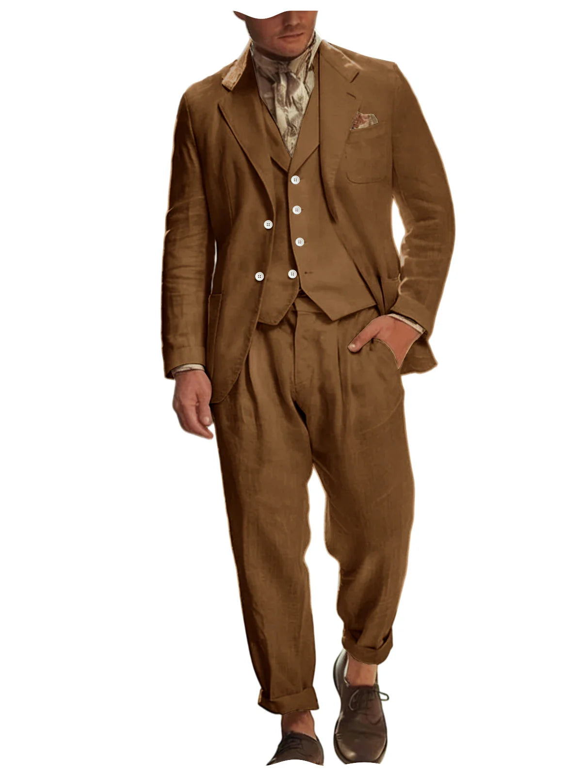 Italian Style Men's Linen 3 Piece Set Notch Lapel 2 buttons Blazer+Vest+Pants Breathable Lightweight Summer Casual Business Suit