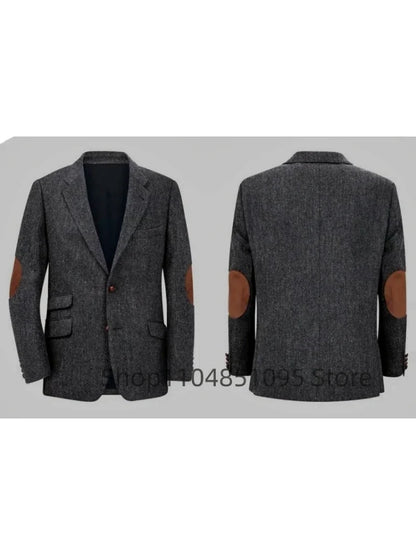 Men's Brown Herringbone Tweed Blazer Single Breasted Two Buttons Business Wedding Prom Tuxedo Jacket Casual Smart Suits Top