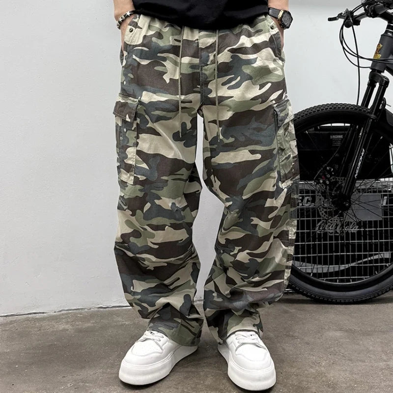 Vintage Camouflage Cargo Pants Men Tactical Multi Pocket Loose Fit Straight Leg Outdoor Casual High Quality Work Pants Trendy