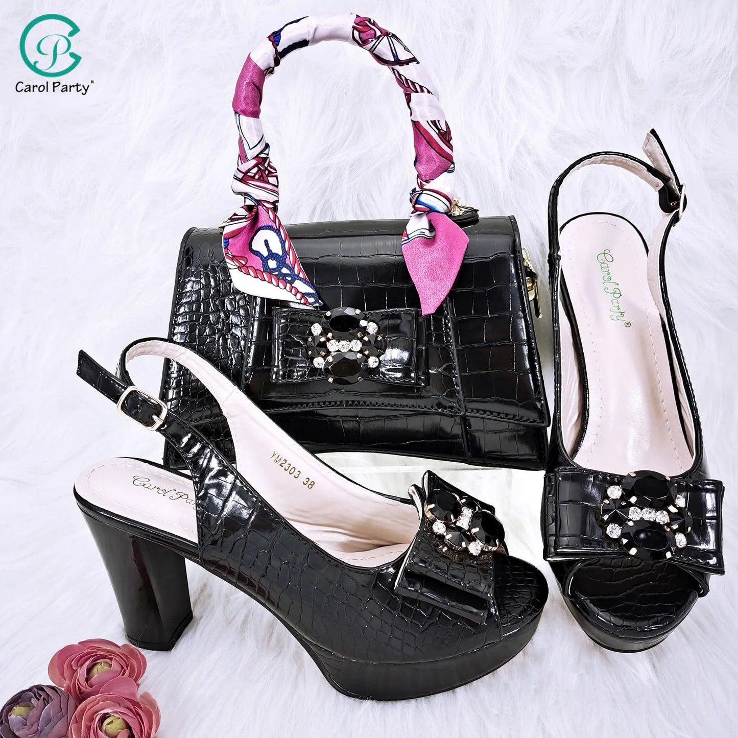Crocodile Textured Ribbon And Colorful Crystal Embellished Clutch With Long Shoulder Strap Women's Shoes And Bag Set