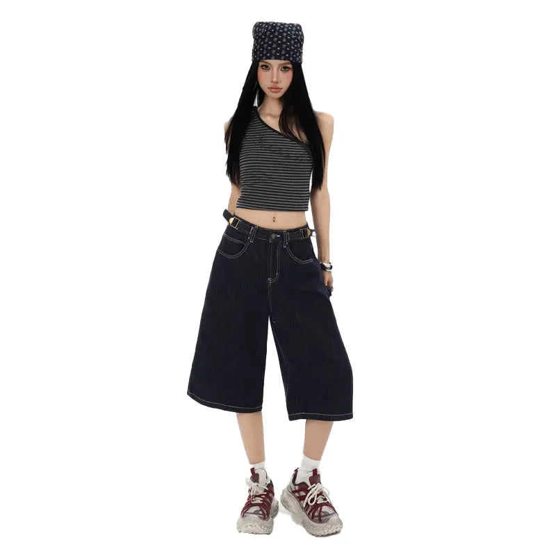American High Street Fashion Loose Denim Shorts Retro Wide Leg Crop Pants Women Y2k High Waisted Embroidery Casual Mid Trouser