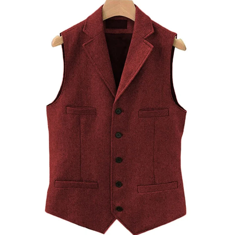 Men Vest Brown Herringbone Single Button With Lapel And Pocket Waistcoat For Wedding Groom Business Formal Banquet Work Men Suit