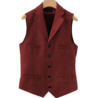 Men Vest Brown Herringbone Single Button With Lapel And Pocket Waistcoat For Wedding Groom Business Formal Banquet Work Men Suit