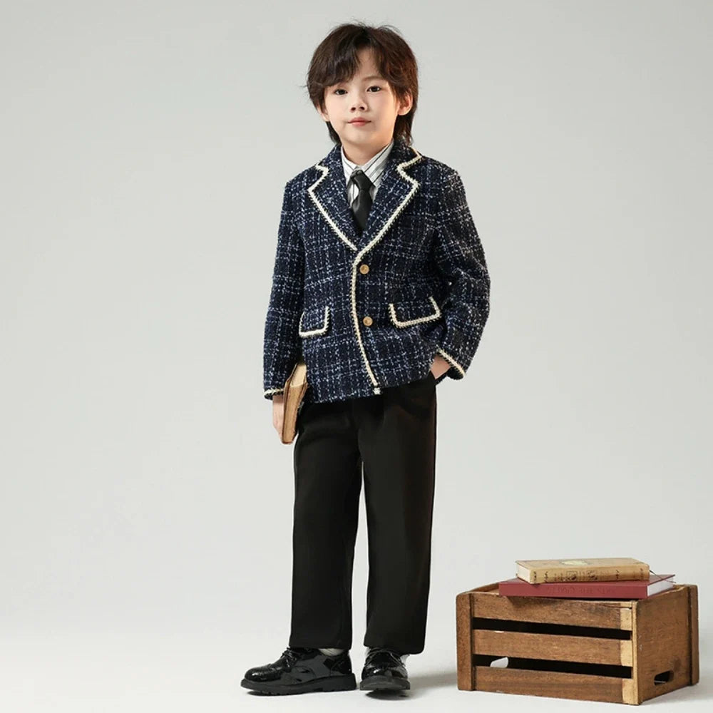 Exquisite Boys Plaid Suits For Catwalk Show Host Costumes,Children's Notched Lapel Winter Warm Suit Set,New Kids Party Tuxedo