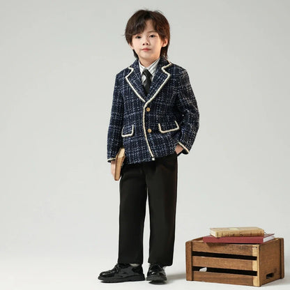Exquisite Boys Plaid Suits For Catwalk Show Host Costumes,Children's Notched Lapel Winter Warm Suit Set,New Kids Party Tuxedo