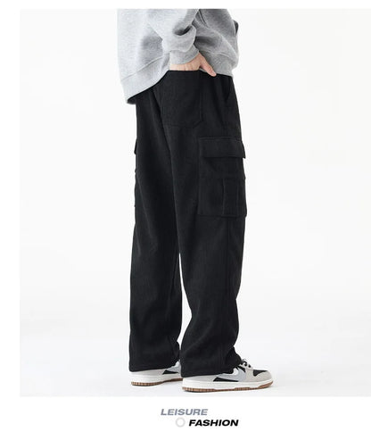 2026 New in Winter Corduroy Pants Men Straight Wide Leg Cargo Trouser Male Elastic Waist Loose Fit Thick Brown Warm Fleece Plush