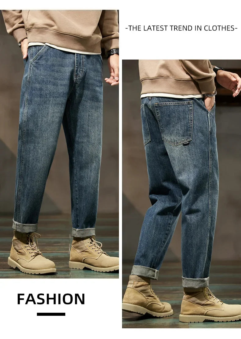 Men's Spring 2026 Loose Harem Pants Denim Retro Solid Comfortable Harajuku Straight Jeans Simple Fashion Versatile Cargo Trouser