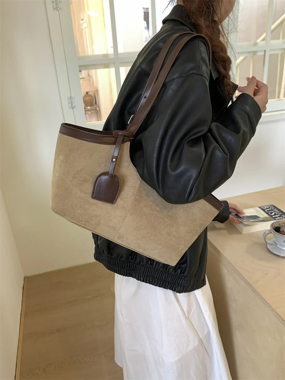 2026 Autumn Retro Suede Shoulder Bags for Women Faux Patchwork PU Underarm Armpit Bag Work Travel Casual Street Designer Handbag