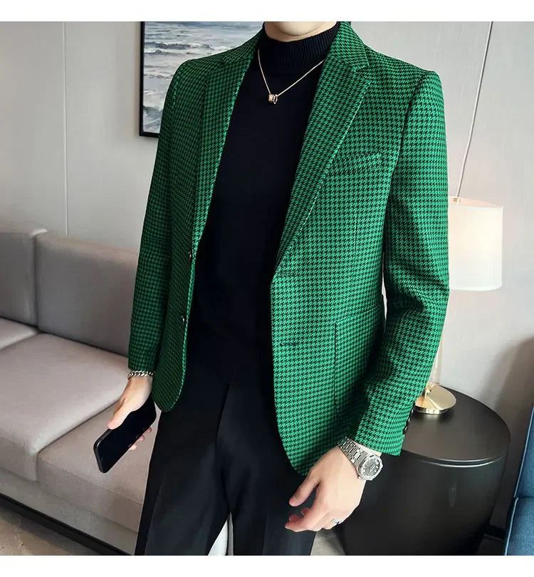 2025 Spring Men's Plaid Suit Jacket Korean Luxury Business Slim Fit Social Suit Jacket Formal Social Party Wedding Prom Tuxedo