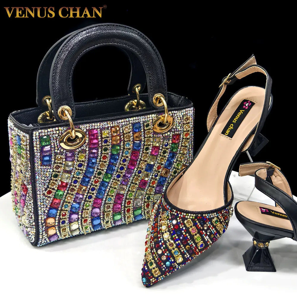 2025 Elegant Multicolor Color Women's  Heels and Rhinestone Handbag Set - Italian Design for Weddings and Parties