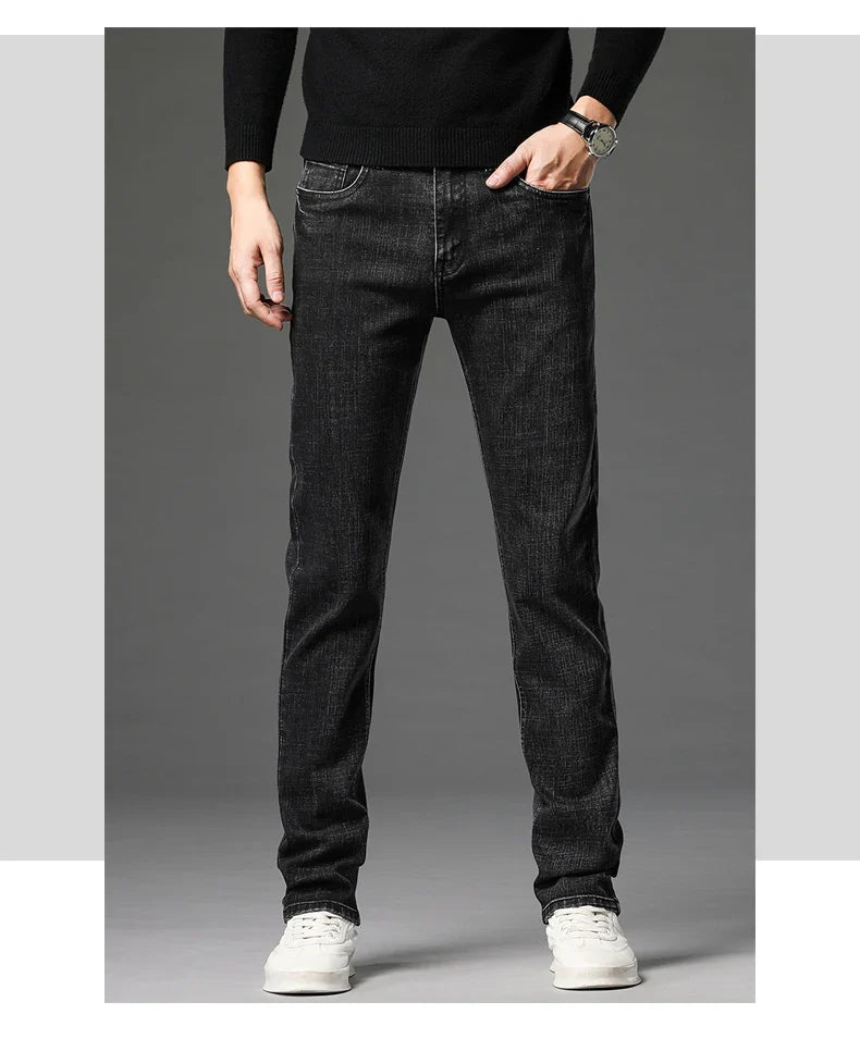 2025 Fall New Men's Cotton Stretch Slim Jeans Straight Version Business Fashion Denim Pants Vintage Blue Brand Trousers Black