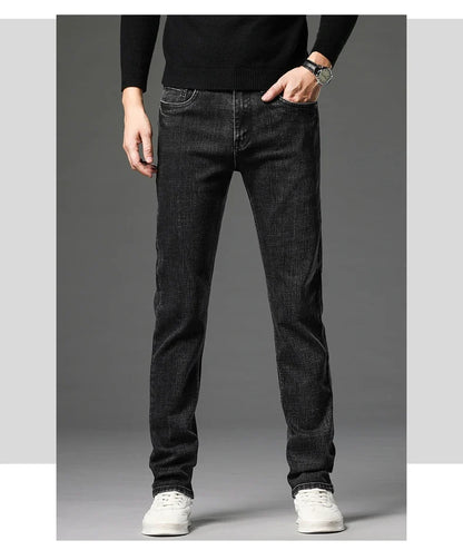 2025 Fall New Men's Cotton Stretch Slim Jeans Straight Version Business Fashion Denim Pants Vintage Blue Brand Trousers Black