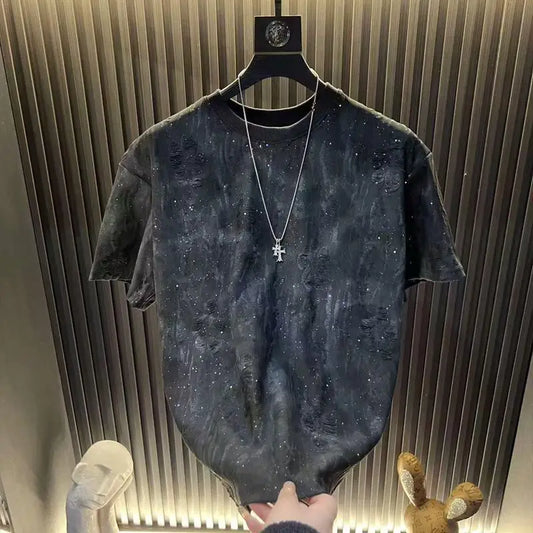 2025 Hot New Summer Men's Short-sleeved Trendy Luxury Distressed Round-neck Half-sleeve T-shirt Top
