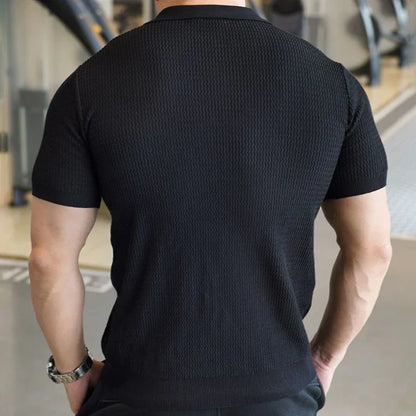 Men's Knitted Business Polo Shirt Summer Ice Silk Breathable Elastic Slim Fit Solid Color Lapel Short Sleeve Knitted T-Shirt Top