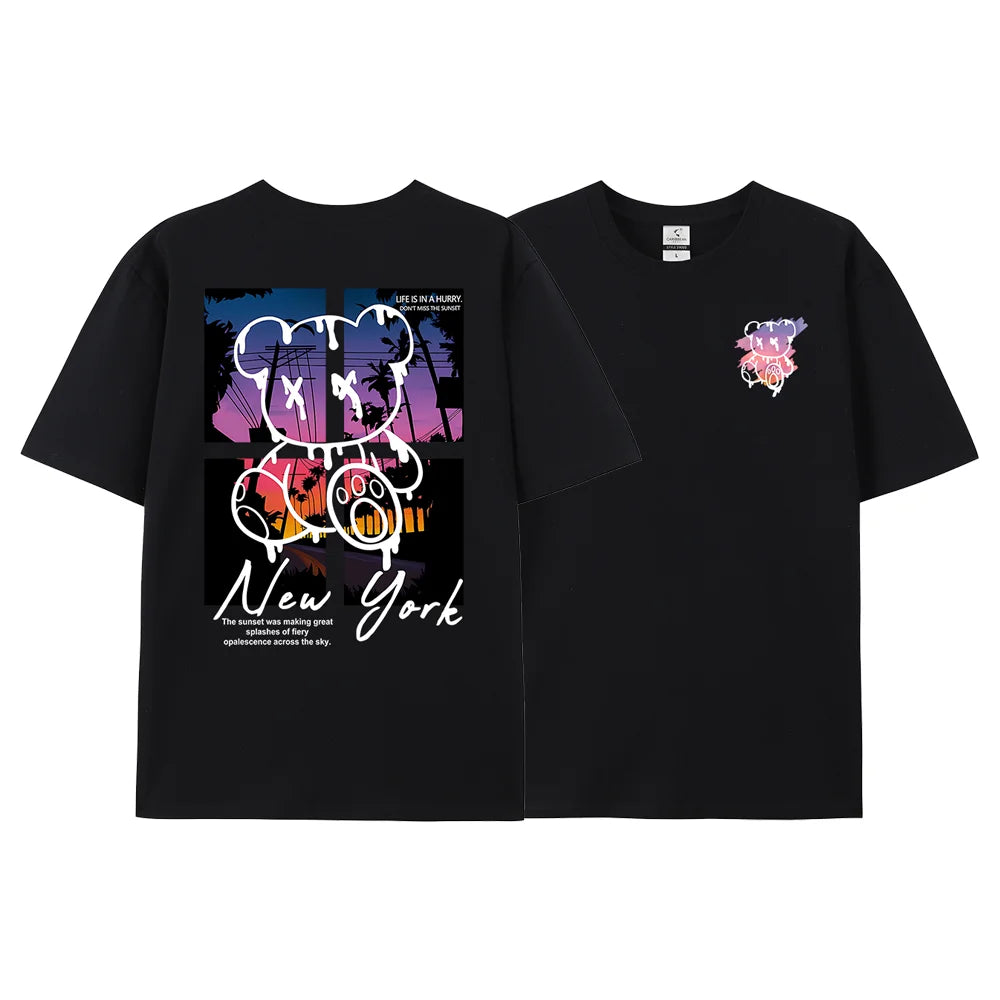New York Art Word Cartoon Bear Sunset Scenery Design T Shirts Men Hip Hop Cotton Shirt Loose Summer T Shirts Oversized Tees