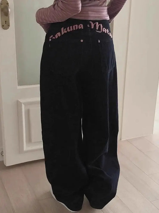 Women's Sweet Casual Full Length Baggy Denim Trouser Retro Emo Harajuku Loose Jeans Letter Embroidery High Waist Y2K 2000s Pants