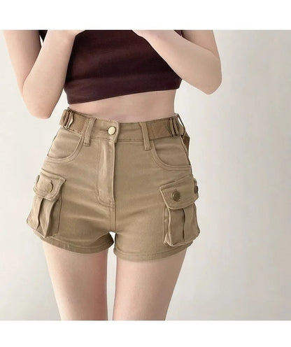Women Military Green Denim Cargo Shorts Summer High Waisted Loose Wide Leg Y2K Hot Girl Casual Short Pants with Pockets