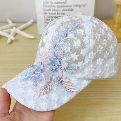 Summer Baseball Cap for Women Embroidered Flowers Mesh Breathable Duck Tongue Hat Sunscreen Sunshade Hat Rebound Cap