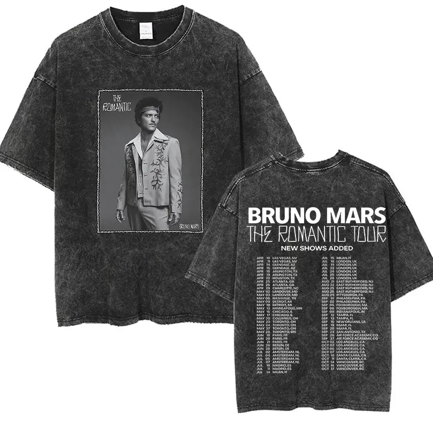 Bruno Mars The Romantic Tour 2026 Vintage Washed T Shirts Men's Women Punk Gothic Fashion Cotton Short Sleeve T-Shirt Streetwear