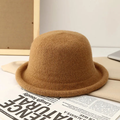 Women Hat Winter Wool Knitted Fedora Small Topper Hat Casual Ladies Solid Color British Top Hat Rolled Brim Official Website