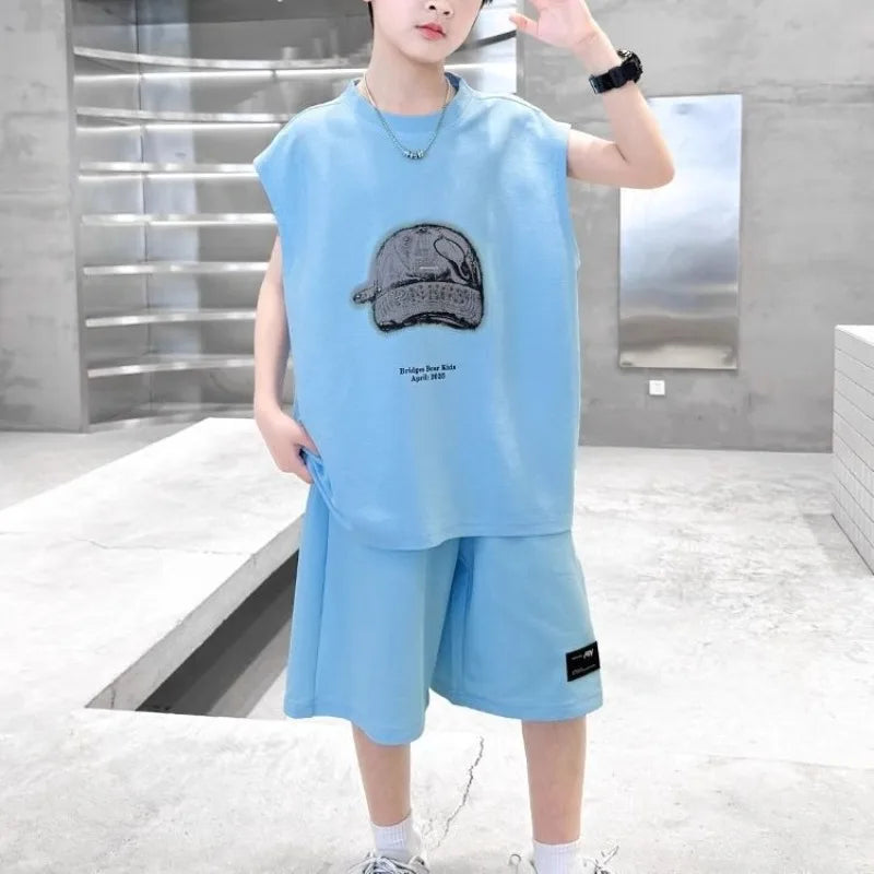 Boys' 2025 Summer New Arrival Sleeveless Two-Piece Vest & Sports Set for Big & Tall Kids