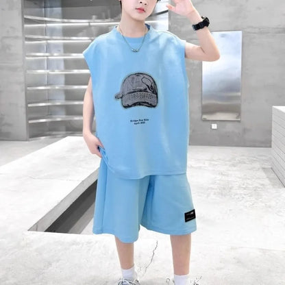 Boys' 2025 Summer New Arrival Sleeveless Two-Piece Vest & Sports Set for Big & Tall Kids